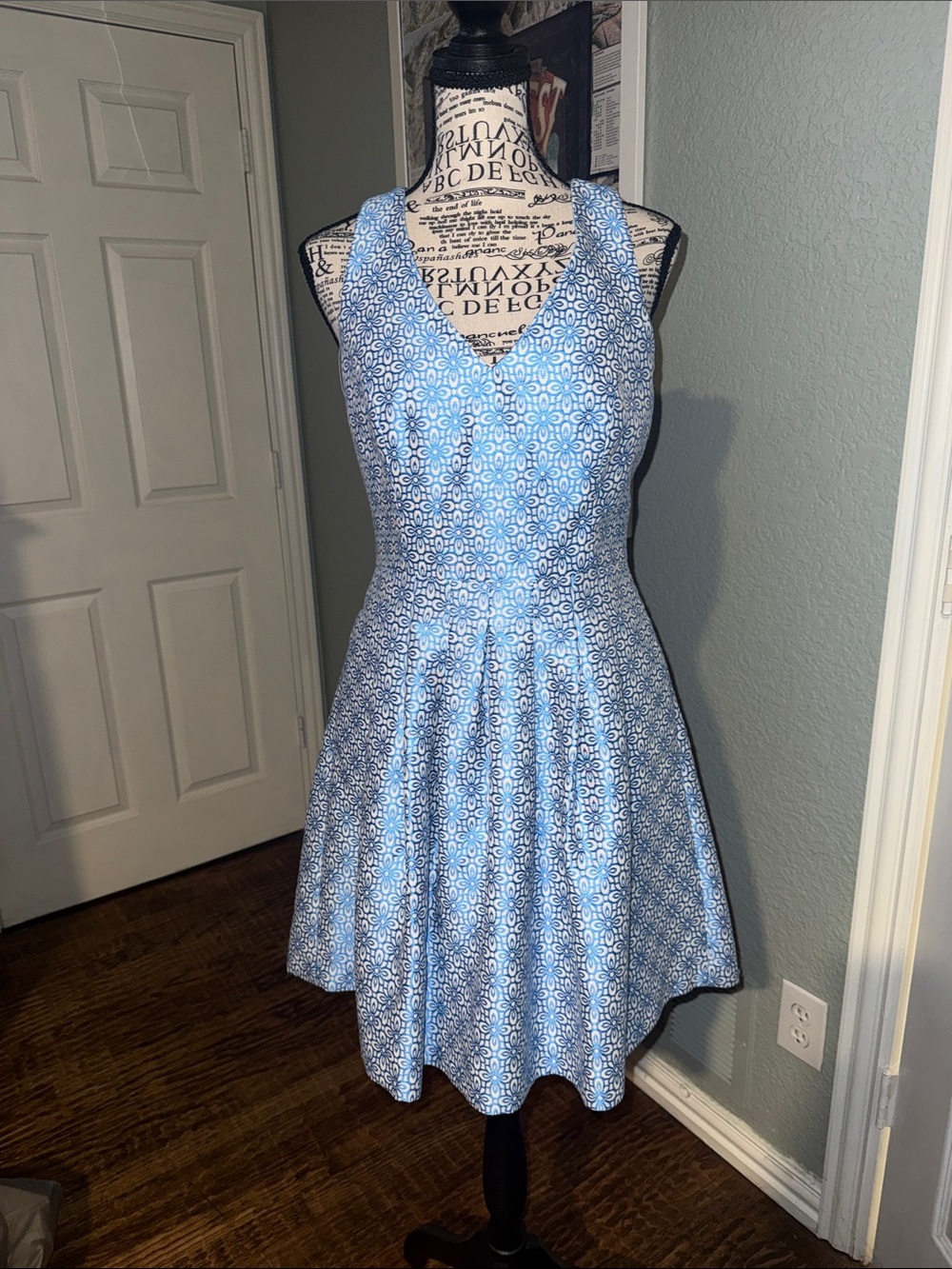 Banana Republic Light Blue Printed V‑Neck Fit & Flare Mini Dress